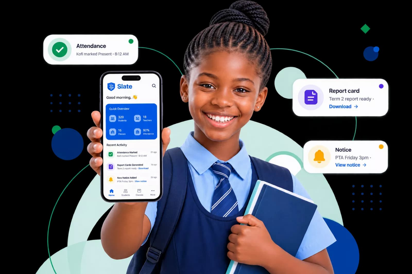 A student using Slate on her phone with attendance, report card, and notice updates